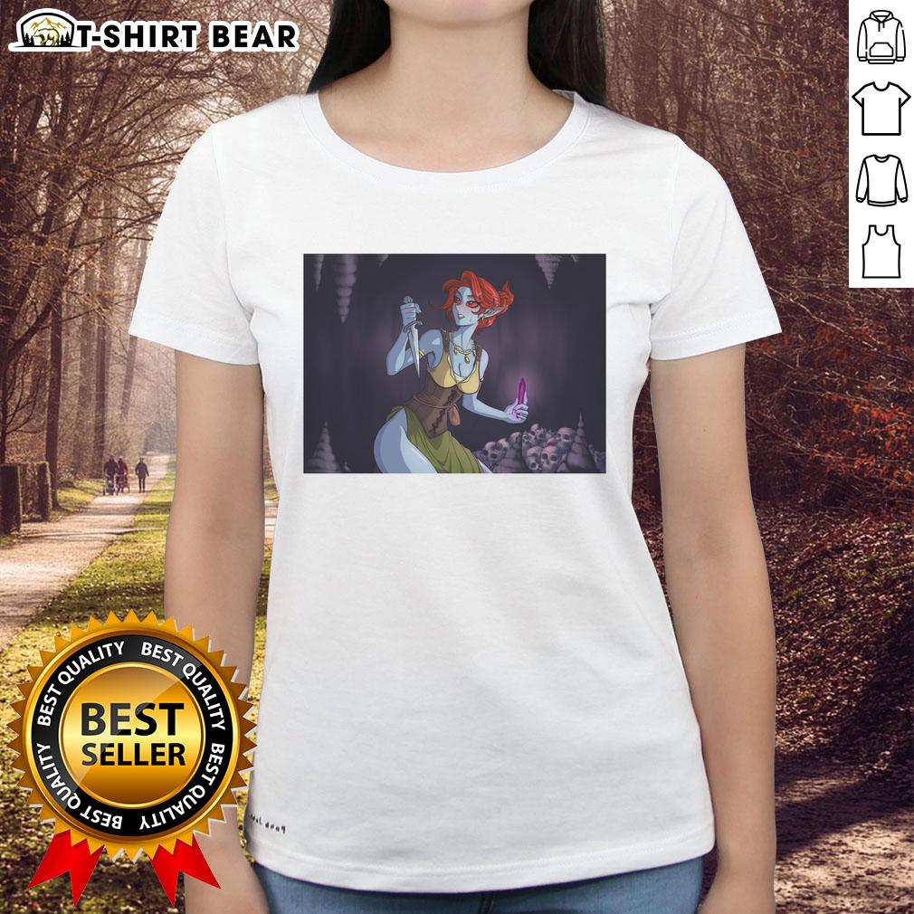 Stylish Dunmer Dark Elf ladies tee featuring intricate designs inspired by fantasy culture, perfect for gamers and fans.