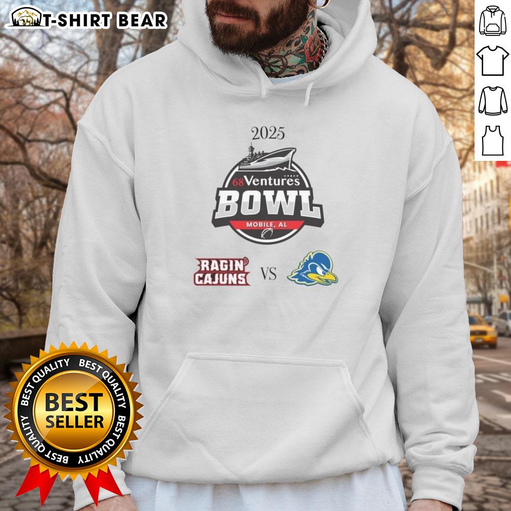 2025 Ventures Bowl hoodie featuring Louisiana Ragin' Cajuns vs Delaware Blue Hens design, perfect for game day fans.