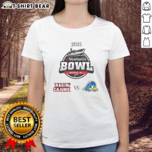 Alt Text: 2025 Ventures Bowl Ladies Tee featuring Louisiana Ragin' Cajuns vs Delaware Blue Hens design.