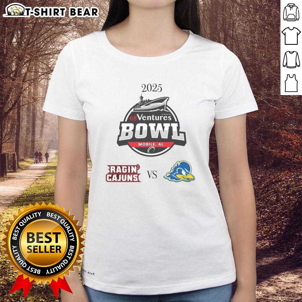 Alt Text: 2025 Ventures Bowl Ladies Tee featuring Louisiana Ragin' Cajuns vs Delaware Blue Hens design.