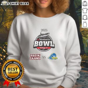 2025 Ventures Bowl sweatshirt featuring Louisiana Ragin' Cajuns vs Delaware Blue Hens design, perfect for fans.