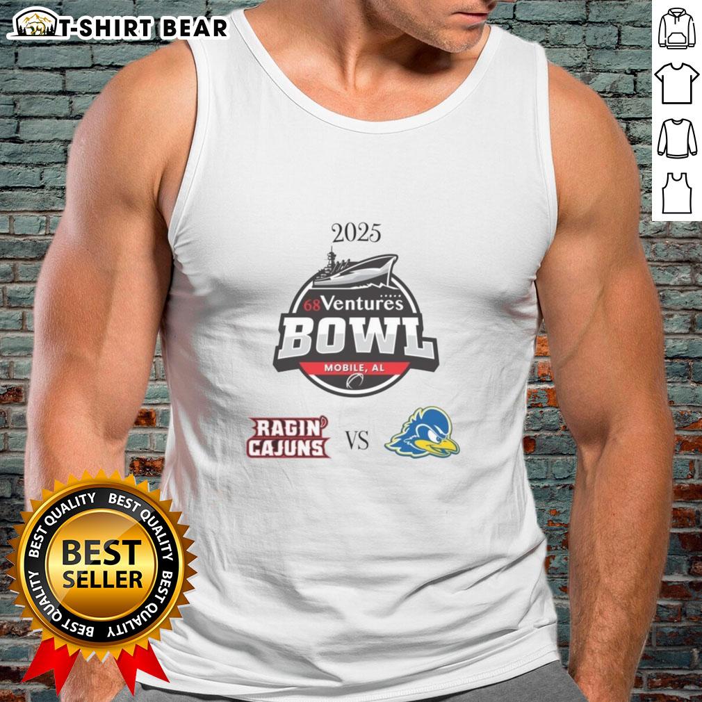 2025 Ventures Bowl tank top featuring Louisiana Ragin' Cajuns vs. Delaware Blue Hens design, perfect for game day.