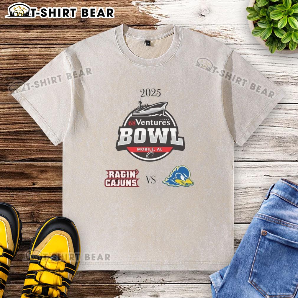 Nice Louisiana Ragin' Cajuns vs Delaware Blue Hens 2025 Ventures Bowl washed t-shirt in vibrant colors.