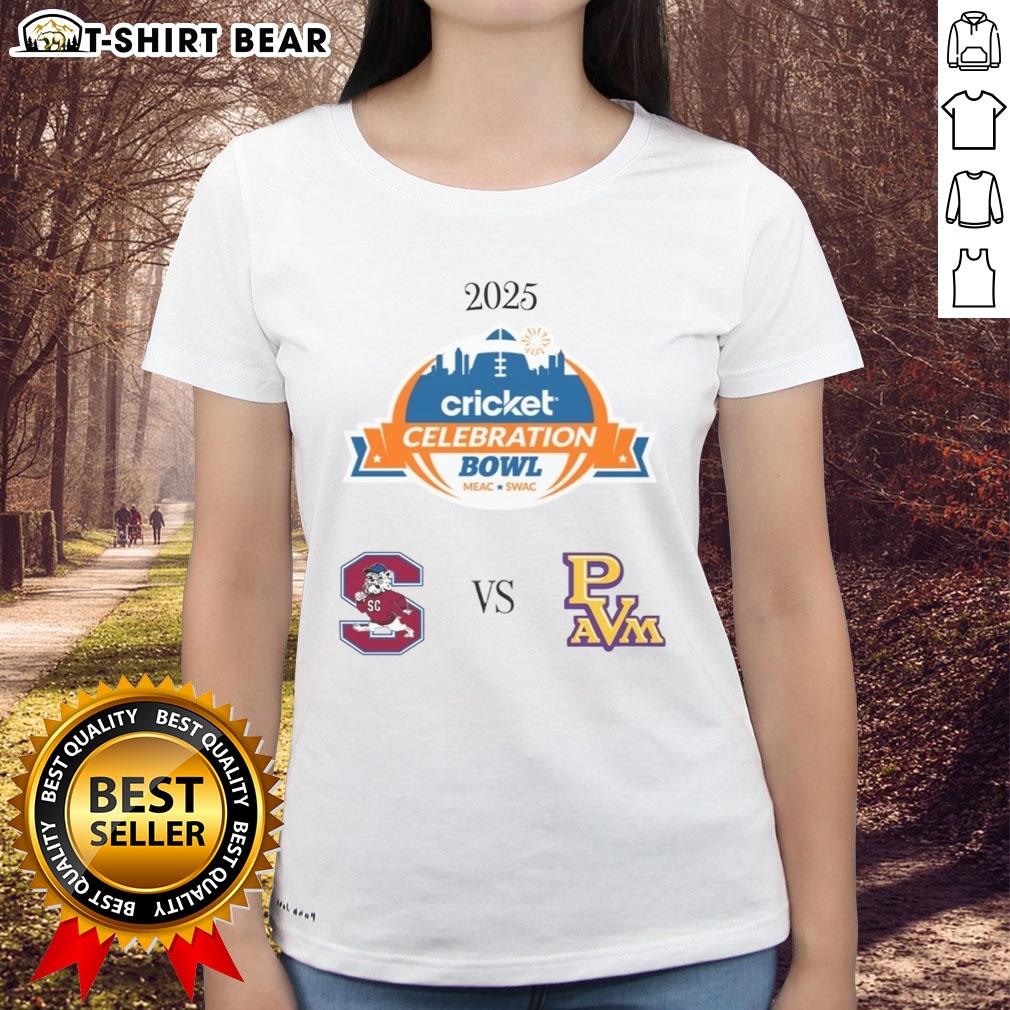 Alt Text: Ladies' tee featuring Nice South Carolina State Bulldogs vs Prairie View AM Panthers logo for the 2025 Celebration Bowl.