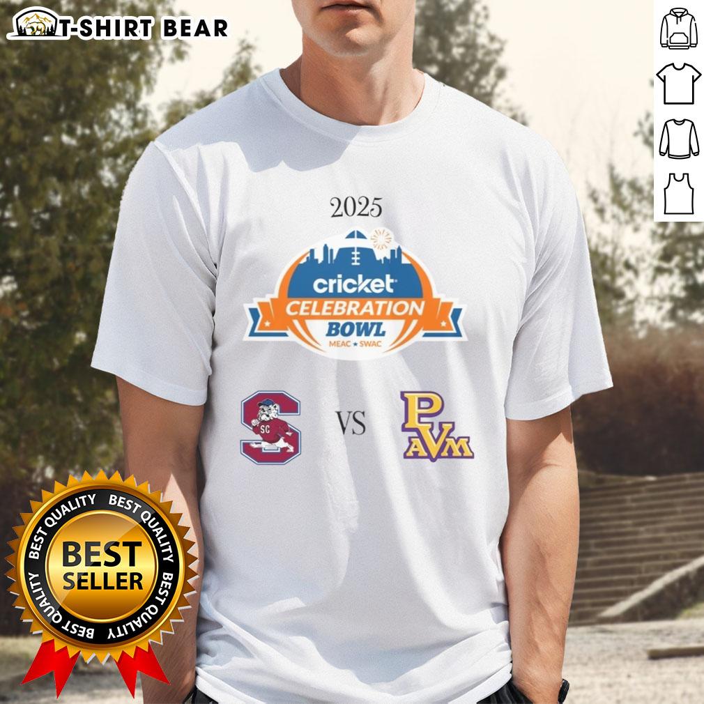 South Carolina State Bulldogs vs Prairie View A&M Panthers 2025 Celebration Bowl T-shirt featuring vibrant team graphics.