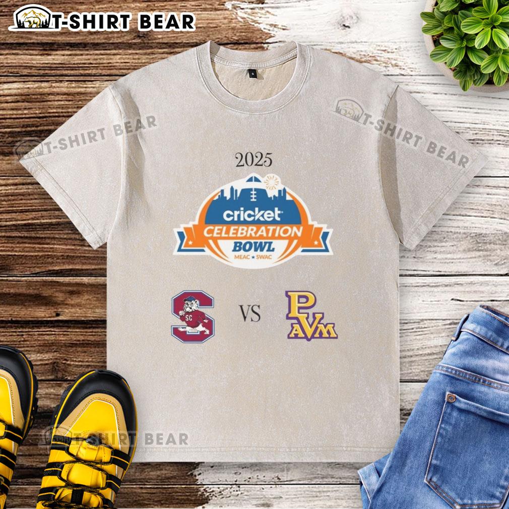 2025 Celebration Bowl washed t-shirt featuring Nice South Carolina State Bulldogs vs Prairie View A&M Panthers design.