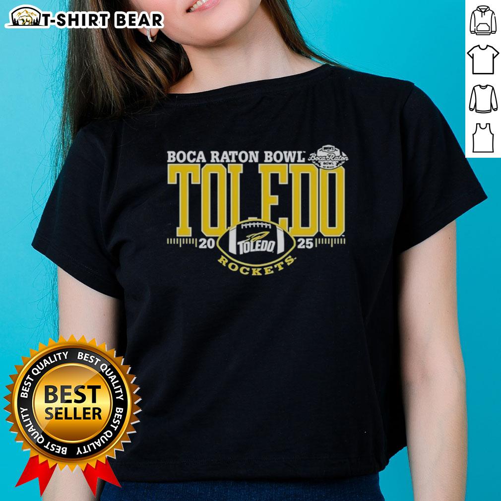 Nice Toledo Rockets 2025 Boca Raton Bowl logo on a ladies tee, perfect for fans supporting their team in style.