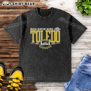 Alt Text: Nice Toledo Rockets 2025 Boca Raton Bowl logo on a washed t-shirt, perfect for fans and alumni.