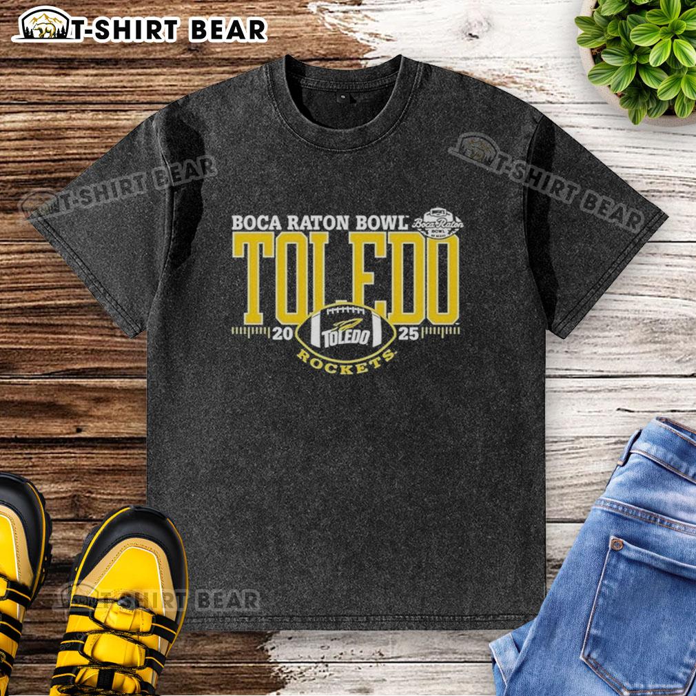 Alt Text: Nice Toledo Rockets 2025 Boca Raton Bowl logo on a washed t-shirt, perfect for fans and alumni.