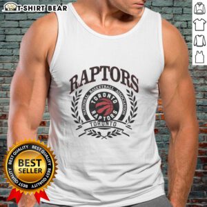 Alt Text: Retro tank top featuring the Toronto Raptors NBA logo framed by a laurel wreath, perfect for basketball fans.