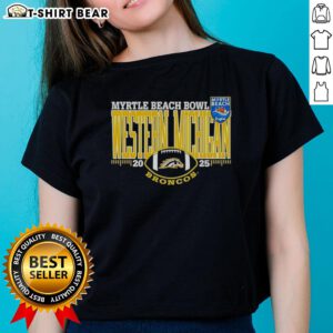 Alt Text: 2025 Myrtle Beach Bowl logo on a ladies tee featuring Western Michigan Broncos design in vibrant colors.