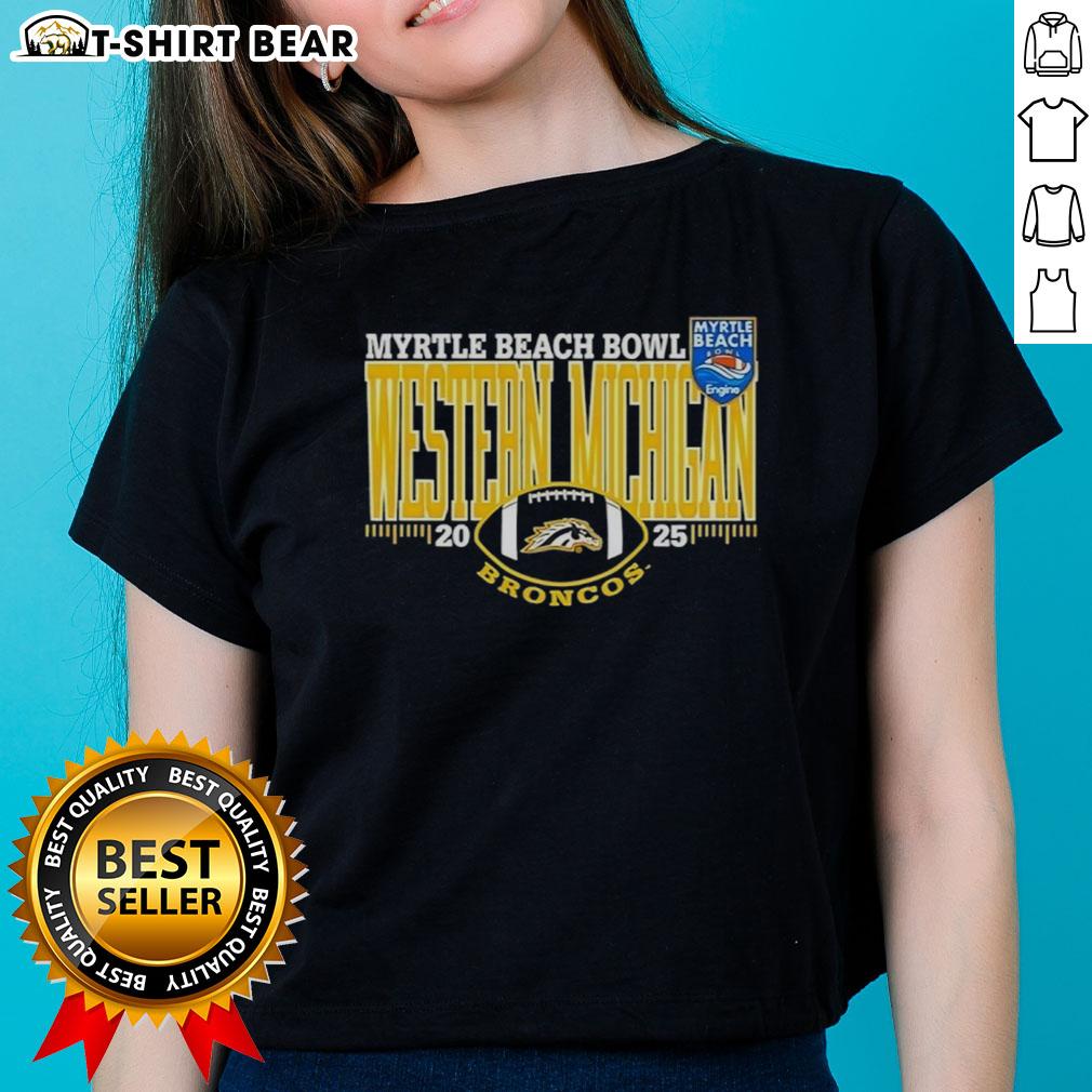Alt Text: 2025 Myrtle Beach Bowl logo on a ladies tee featuring Western Michigan Broncos design in vibrant colors.