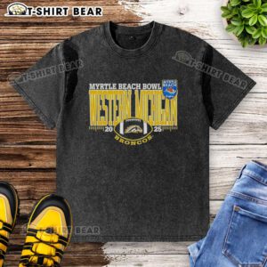 Alt Text: Nice Western Michigan Broncos 2025 Myrtle Beach Bowl logo on a washed t-shirt, perfect for fans and collectors.