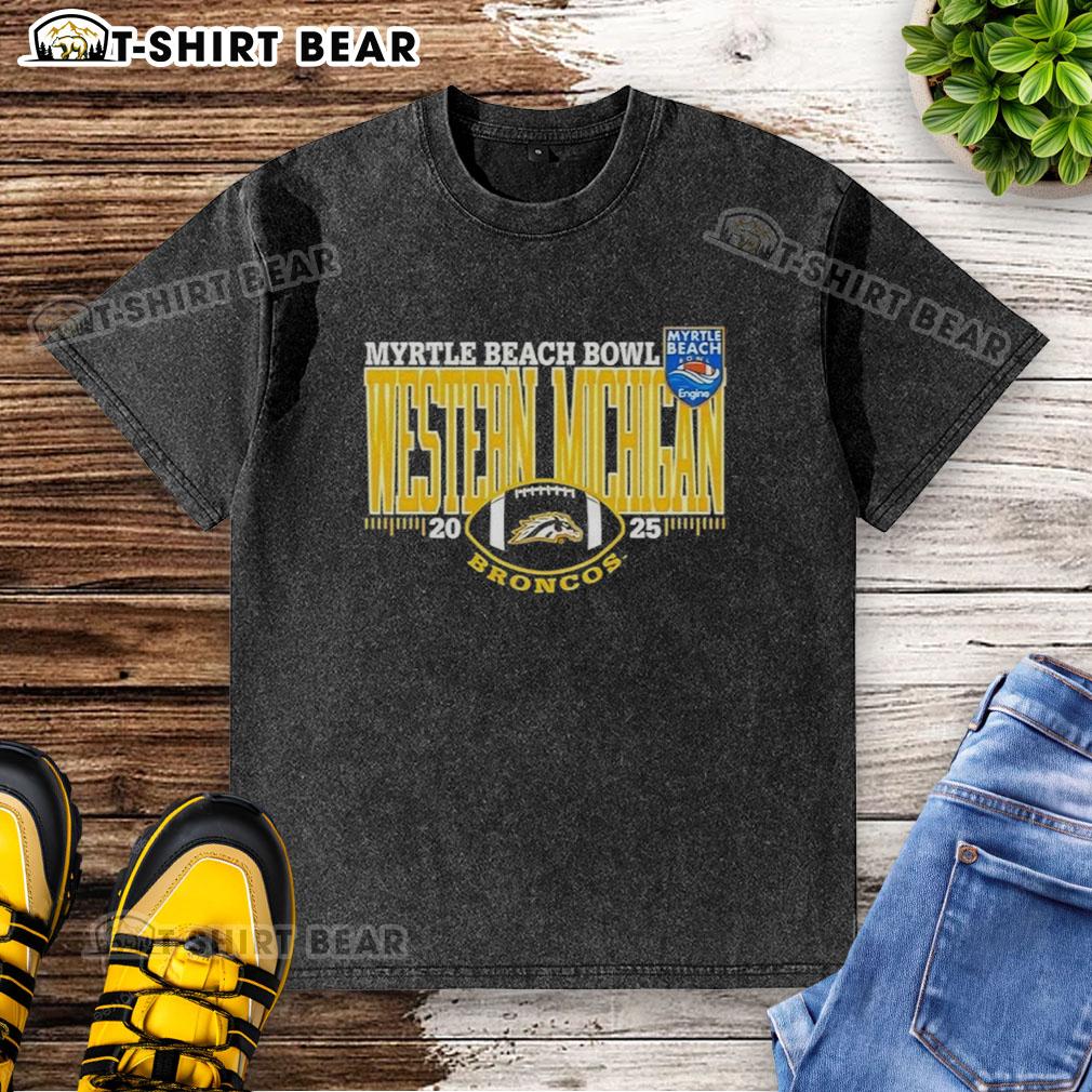 Alt Text: Nice Western Michigan Broncos 2025 Myrtle Beach Bowl logo on a washed t-shirt, perfect for fans and collectors.