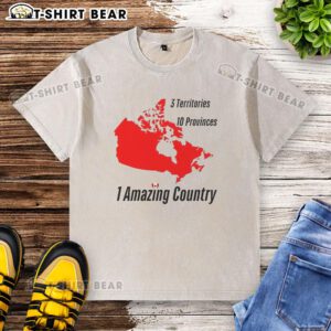 Canada map design on a washed t-shirt featuring 3 territories and 10 provinces, showcasing the beauty of Canada.