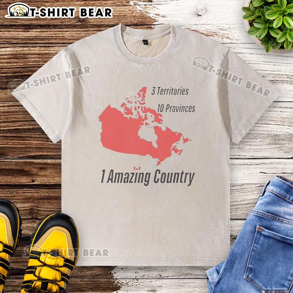 Official 3 Territories, 10 Provinces, 1 Amazing Country washed t-shirt showcasing a vibrant design and comfortable fit.