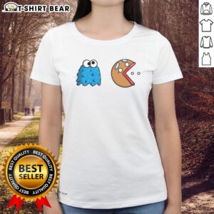Alt Text: Official Cookie Monster Cookie Man Pacman Ladies Tee featuring colorful graphic design and playful character.