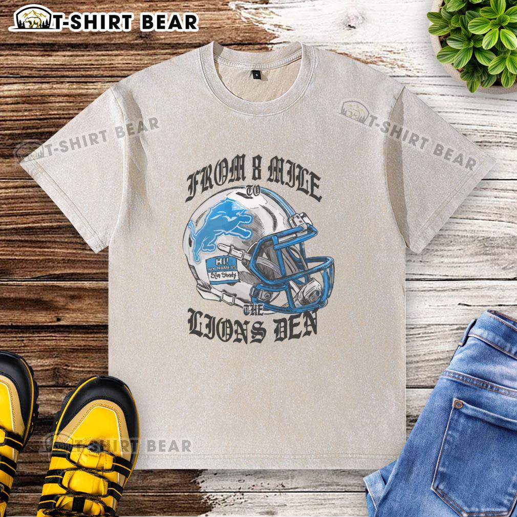 Alt Text: Official Eminem X Detroit Lions helmet washed t-shirt featuring a stylish design for fans and collectors.