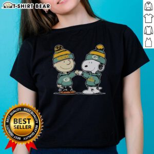 Official Green Bay Packers Snoopy and Charlie Brown best friends ladies tee featuring vibrant team colors and playful design.