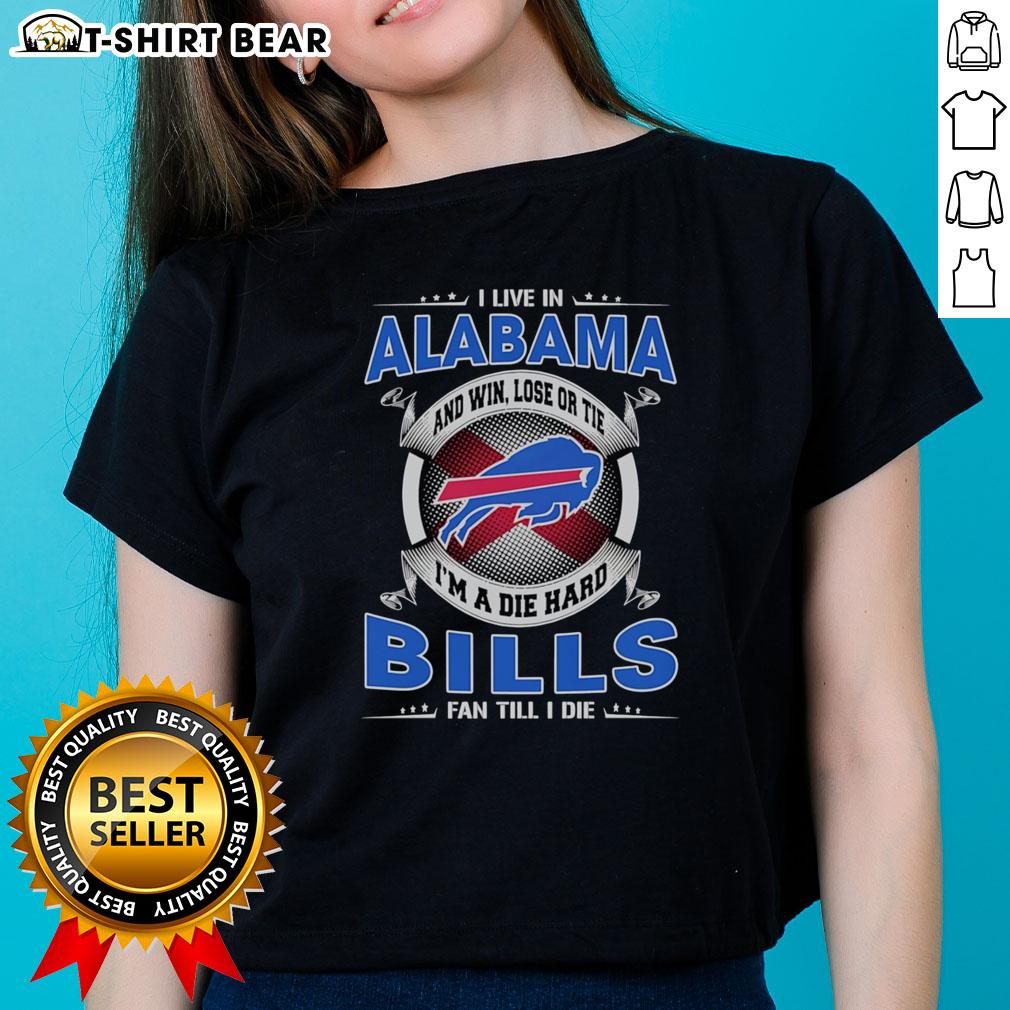 Official I Live in Alabama Buffalo Bills Fan Ladies Tee with bold team slogan for dedicated supporters.