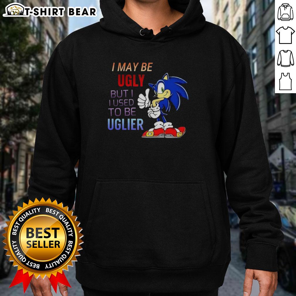 Alt Text: Cartoon hedgehog hoodie featuring the phrase I May Be Ugly But I Used To Be Uglier in vibrant colors.