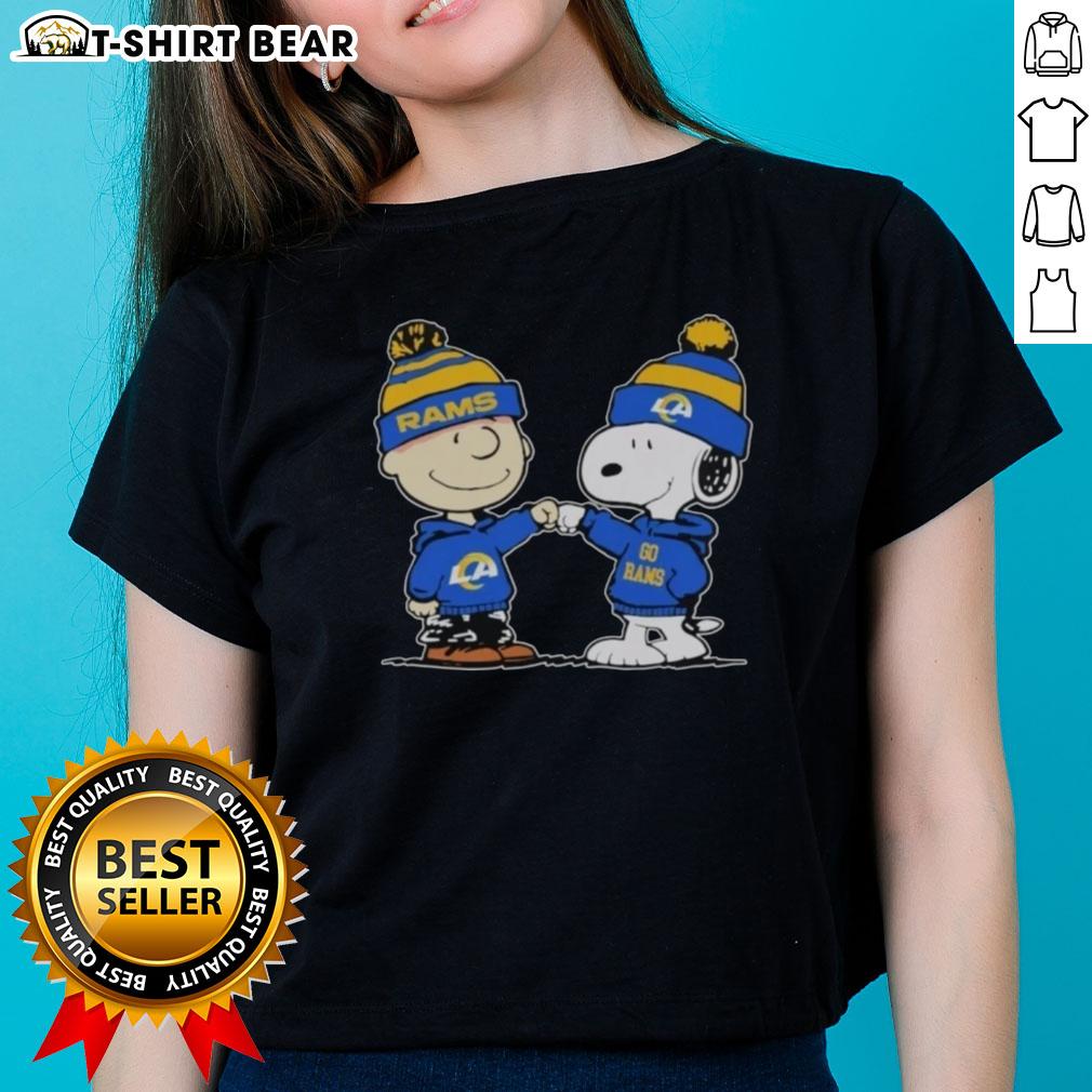 Alt Text: Official Los Angeles Rams Snoopy and Charlie Brown Best Friends Ladies Tee featuring playful design for fans.