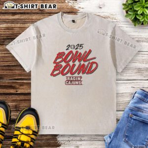 Official Louisiana Ragin' Cajuns 2025 Bowl Bound washed t-shirt, featuring team colors and logo for fans.