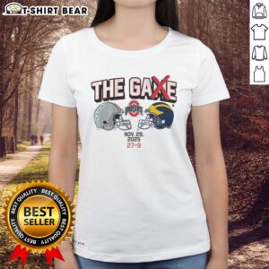 Official Ohio State Football The Game Winner 2025 Ladies Tee in red, featuring team logo and stylish design for fans.