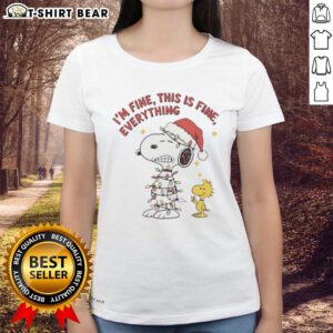 Alt Text: Official Peanuts Snoopy and Woodstock 'I'm Fine, This Is Fine' Christmas Lights Ladies Tee design.