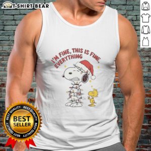 Official Peanuts Snoopy and Woodstock 'I'm Fine, This is Fine' tank top with Christmas lights design.
