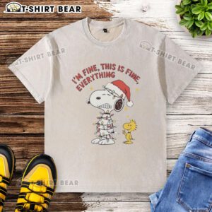 Official Peanuts Snoopy and Woodstock 'I'm Fine, This Is Fine' Christmas lights washed t-shirt design.