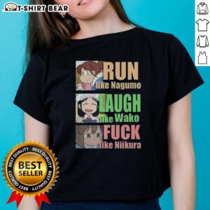 Official Run Like Nagumo, Laugh Like Wako, and Love Like Niikura ladies tee featuring vibrant design and comfortable fit.