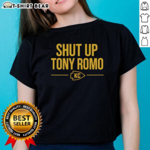 Official Shut Up Tony Romo KC Ladies Tee featuring a stylish design perfect for Kansas City fans and Romo enthusiasts.