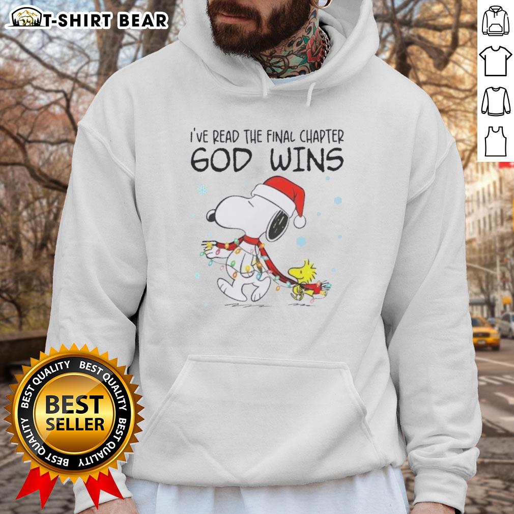 Official Snoopy X Woodstock hoodie featuring 'God Wins' Christmas lights design, perfect for festive holiday wear.