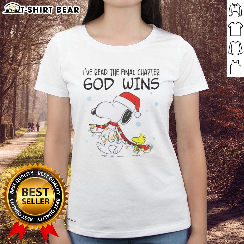 Official Snoopy X Woodstock IVe Read The Final Chapter God Wins Christmas Lights Ladies Tee featuring festive design.