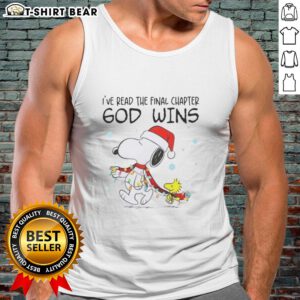 Alt Text: Official Snoopy X Woodstock IVe tank top featuring Christmas lights and the phrase 'God Wins' for festive style.