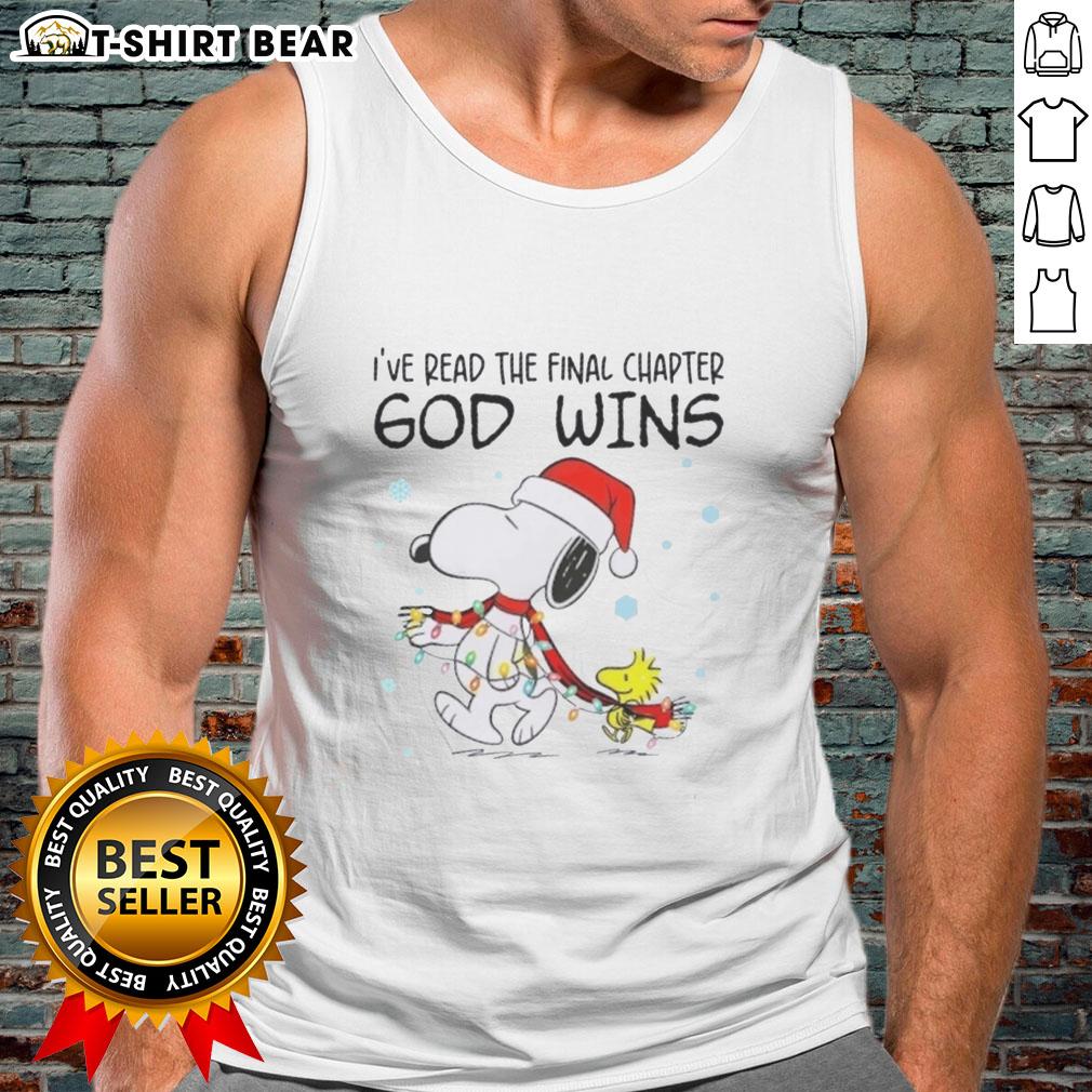 Alt Text: Official Snoopy X Woodstock IVe tank top featuring Christmas lights and the phrase 'God Wins' for festive style.