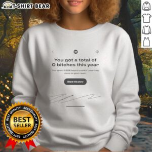 Official Spotify You Got A Total Of 0 Bitches This Year Sweatshirt in black with bold text design, trendy and humorous apparel.