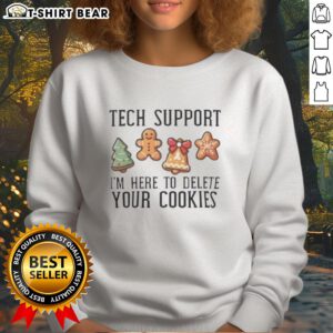 Funny Christmas sweatshirt featuring 'Delete Your Cookies' design, perfect for tech support fans and holiday cheer.