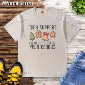 Funny Christmas T-shirt featuring 'Delete Your Cookies' tech support slogan for tech lovers and holiday humor enthusiasts.