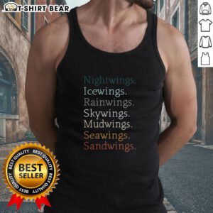Official Wings of Fire tank top featuring names of dragon tribes, perfect for fans of the series.