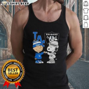Alt Text: Original Charlie Brown fist bump with Snoopy, featuring Dodgers and Raiders, on a stylish tank top in Los Angeles.