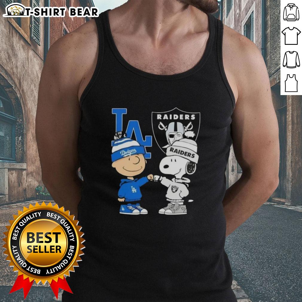 Alt Text: Original Charlie Brown fist bump with Snoopy, featuring Dodgers and Raiders, on a stylish tank top in Los Angeles.