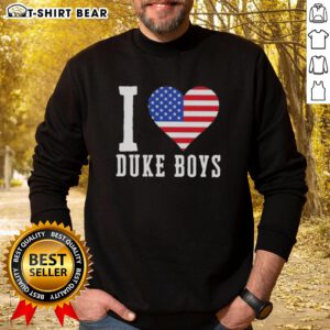 Alt Text: Original Duke Boys I Love Duke Boys US Flag Sweatshirt featuring a patriotic design and vibrant colors.