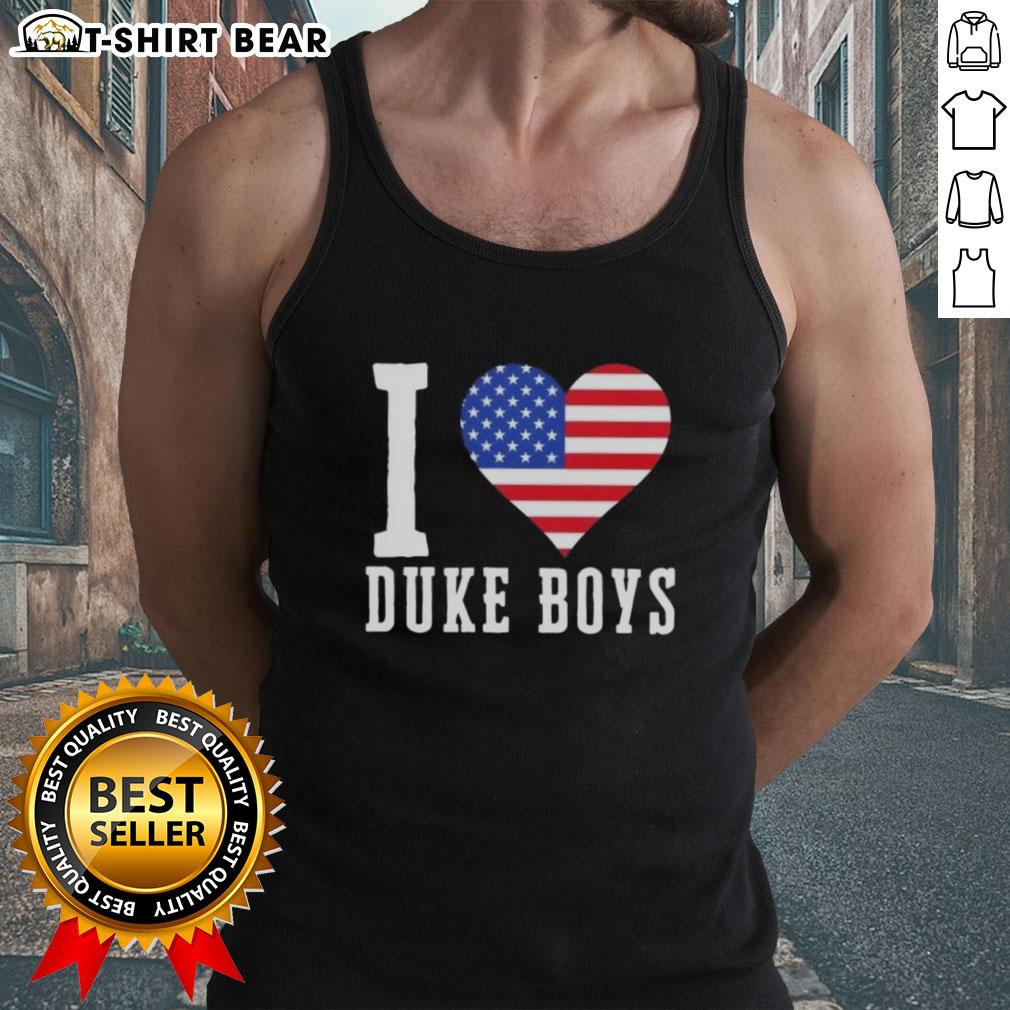 Alt Text: Original Duke Boys I Love Duke Boys US Flag Tank Top featuring patriotic design and vibrant colors for fans.