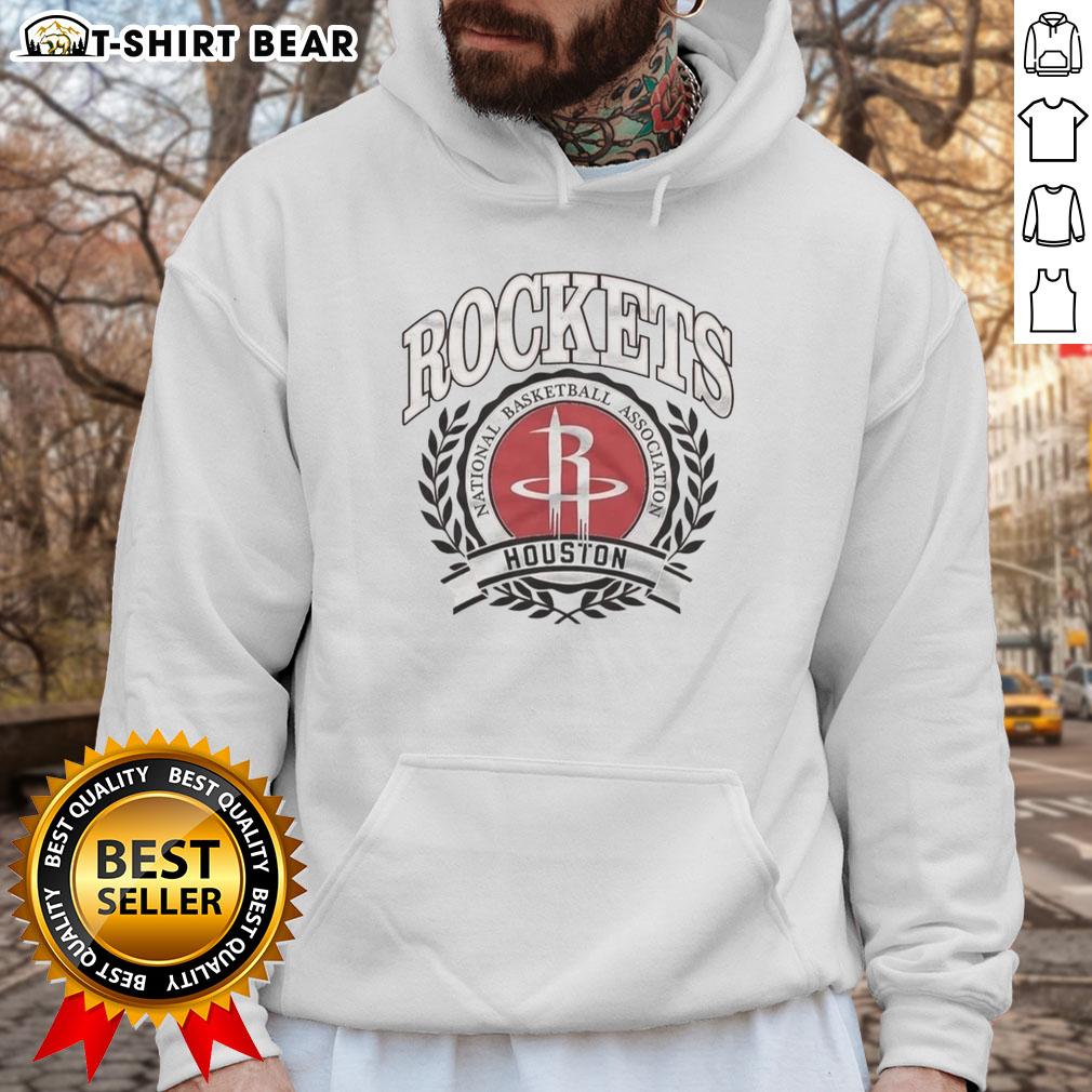 Original Houston Rockets NBA logo with laurel wreath frame on a retro hoodie, showcasing vintage basketball style.