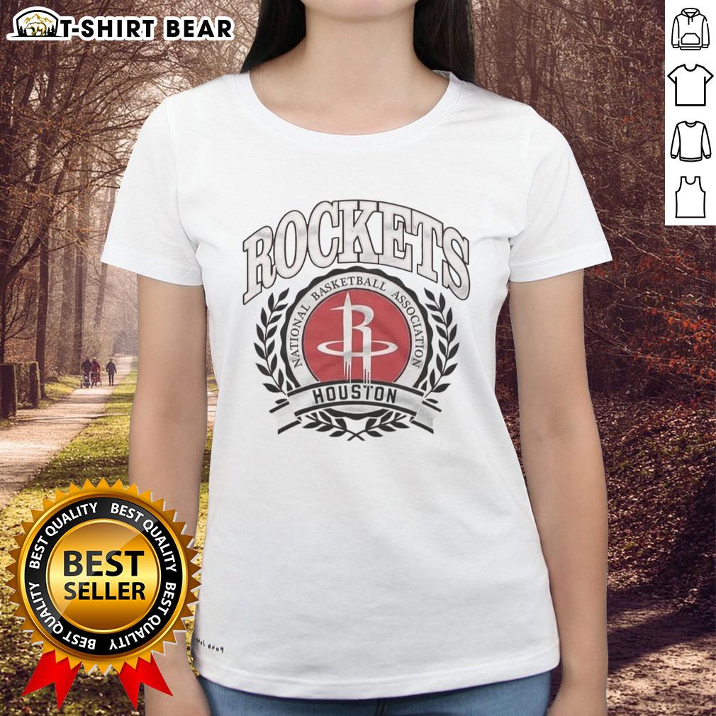 Alt Text: Original Houston Rockets NBA logo in a laurel wreath frame on a retro ladies tee, perfect for basketball fans.