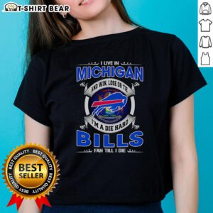 Original I Live In Michigan Buffalo Bills fan ladies tee showcasing team pride with vibrant graphics and bold text.