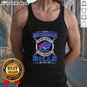 Buffalo Bills fan tank top featuring 'I Live In Michigan' slogan, perfect for die-hard fans showing team spirit.
