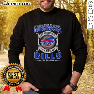 Original 'I Live In Minnesota And Win, Lose Or Tie I'm A Dead Hard Buffalo Bills Fan Till I Die' sweatshirt design.